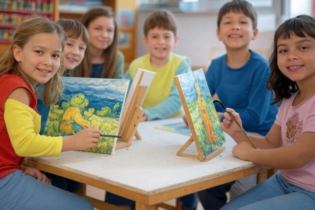 Niños pintando cuadros